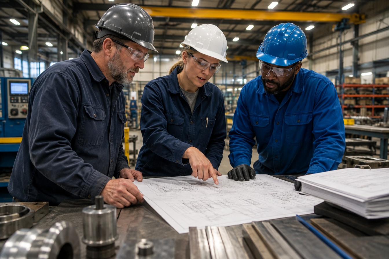 A factory team reviewing operating documents and process plans at the point of work