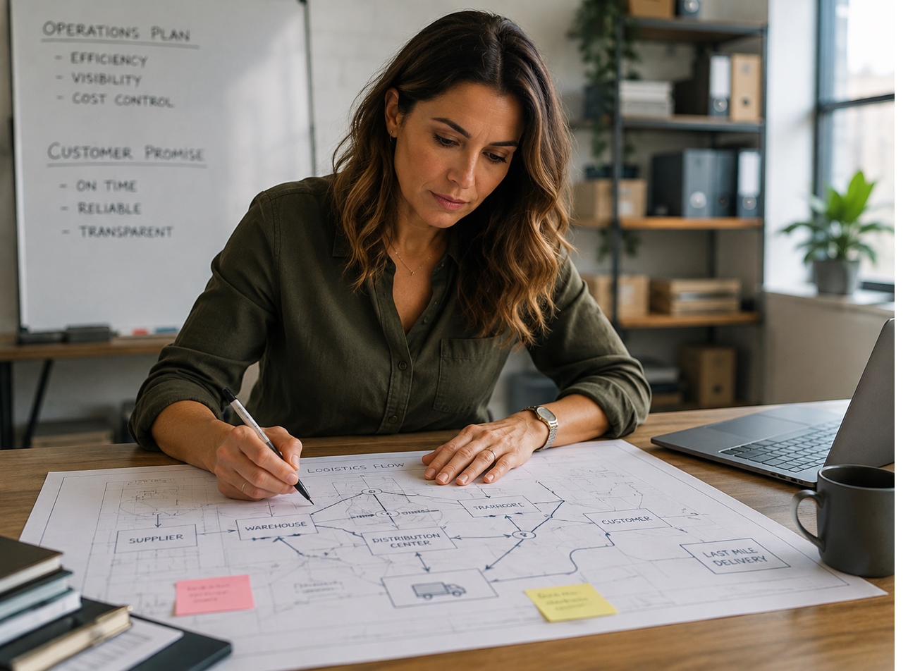 A business owner working through a logistics schematic and operating blueprint