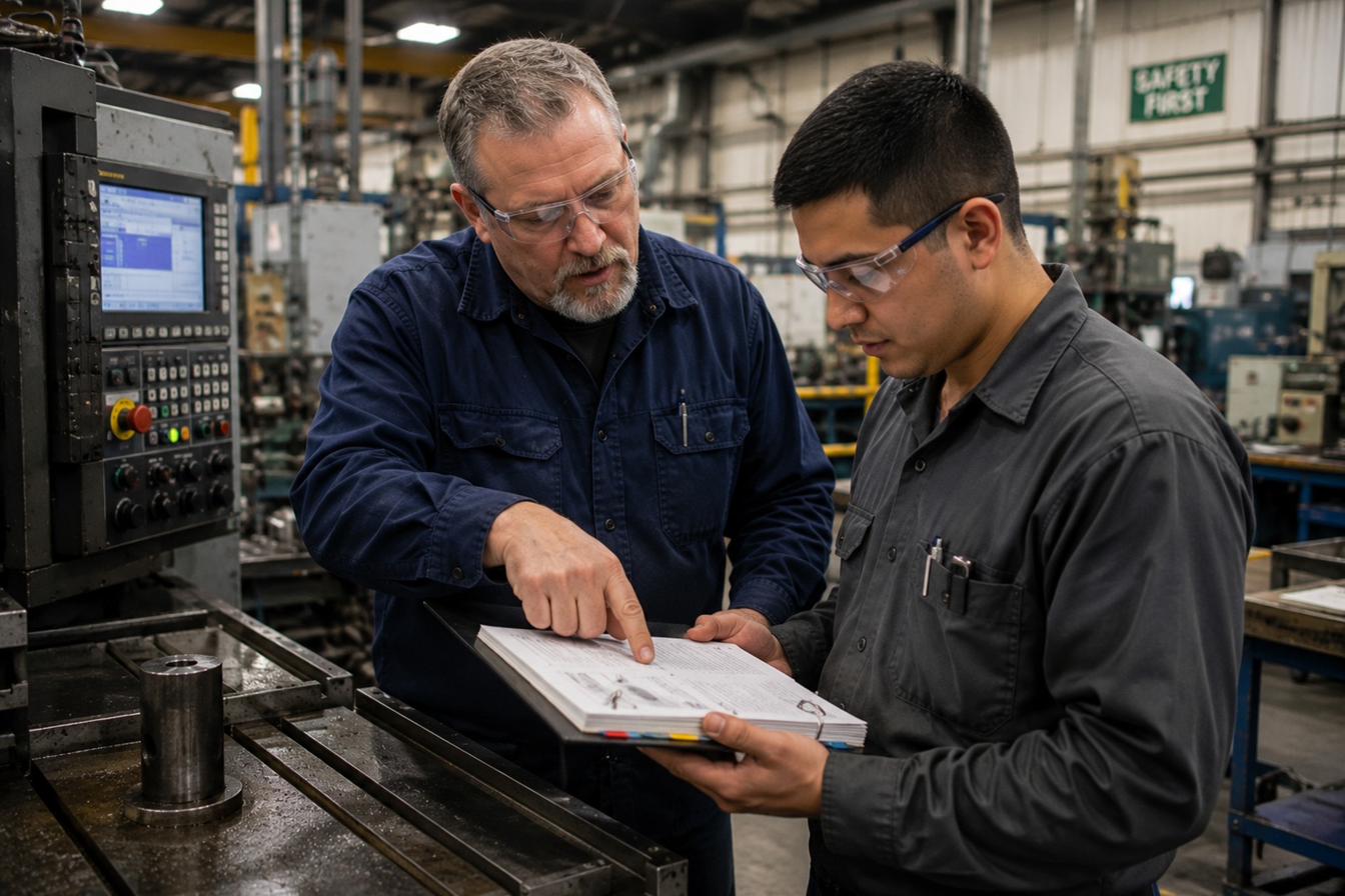 An experienced operator transferring process knowledge and ownership to a colleague around real work