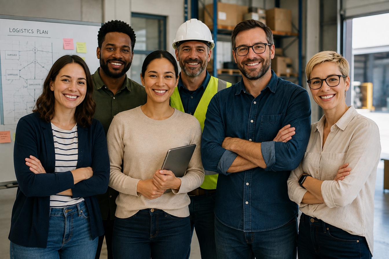 A small-business team gathered together across office and field operations