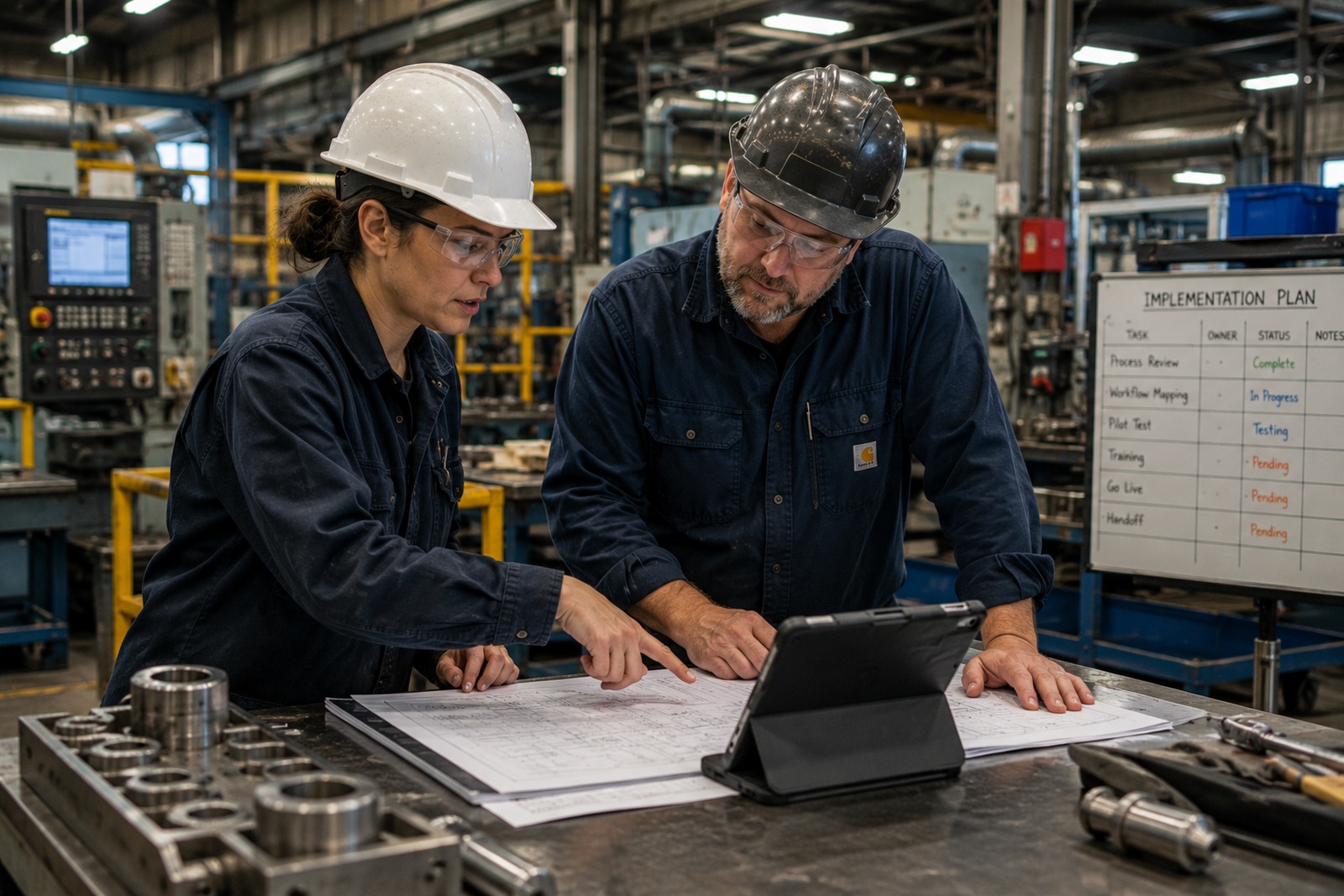 Two implementation participants reviewing plans together on the production floor