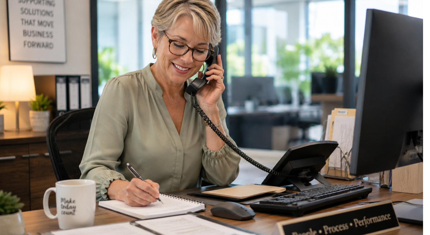 An operations coordinator working with colleagues in the administrative center of an established operating company
